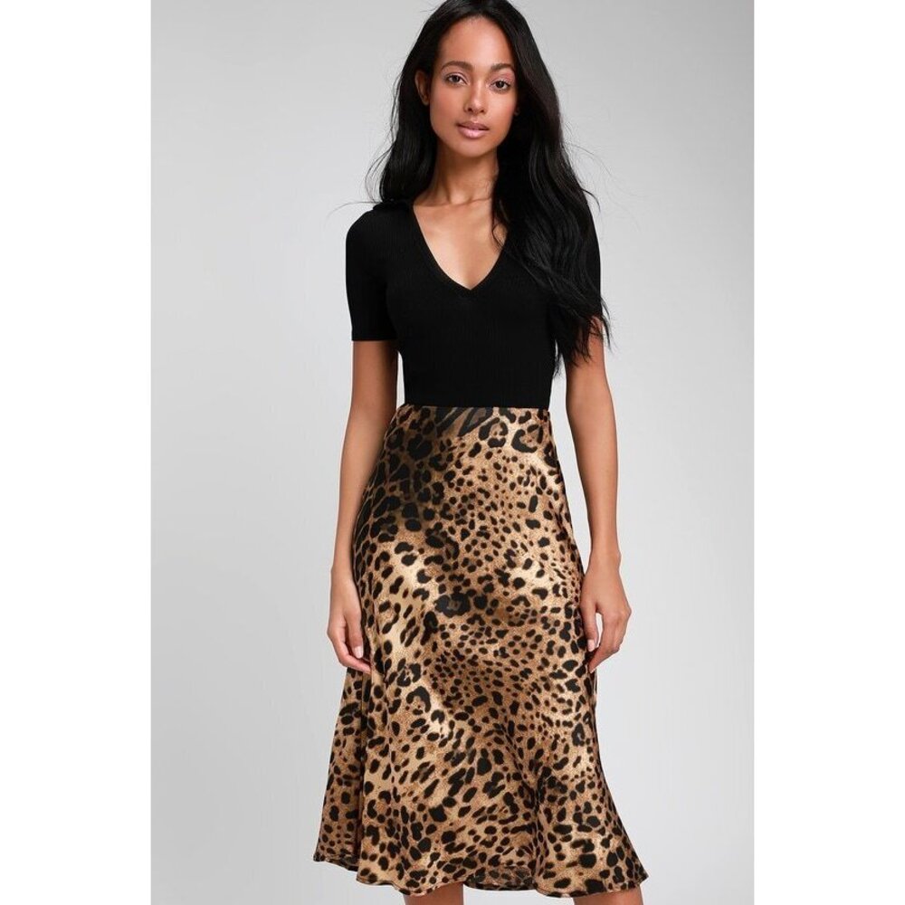 Lulus Wild Wonder Brown Leopard Print Satin Midi Skirt